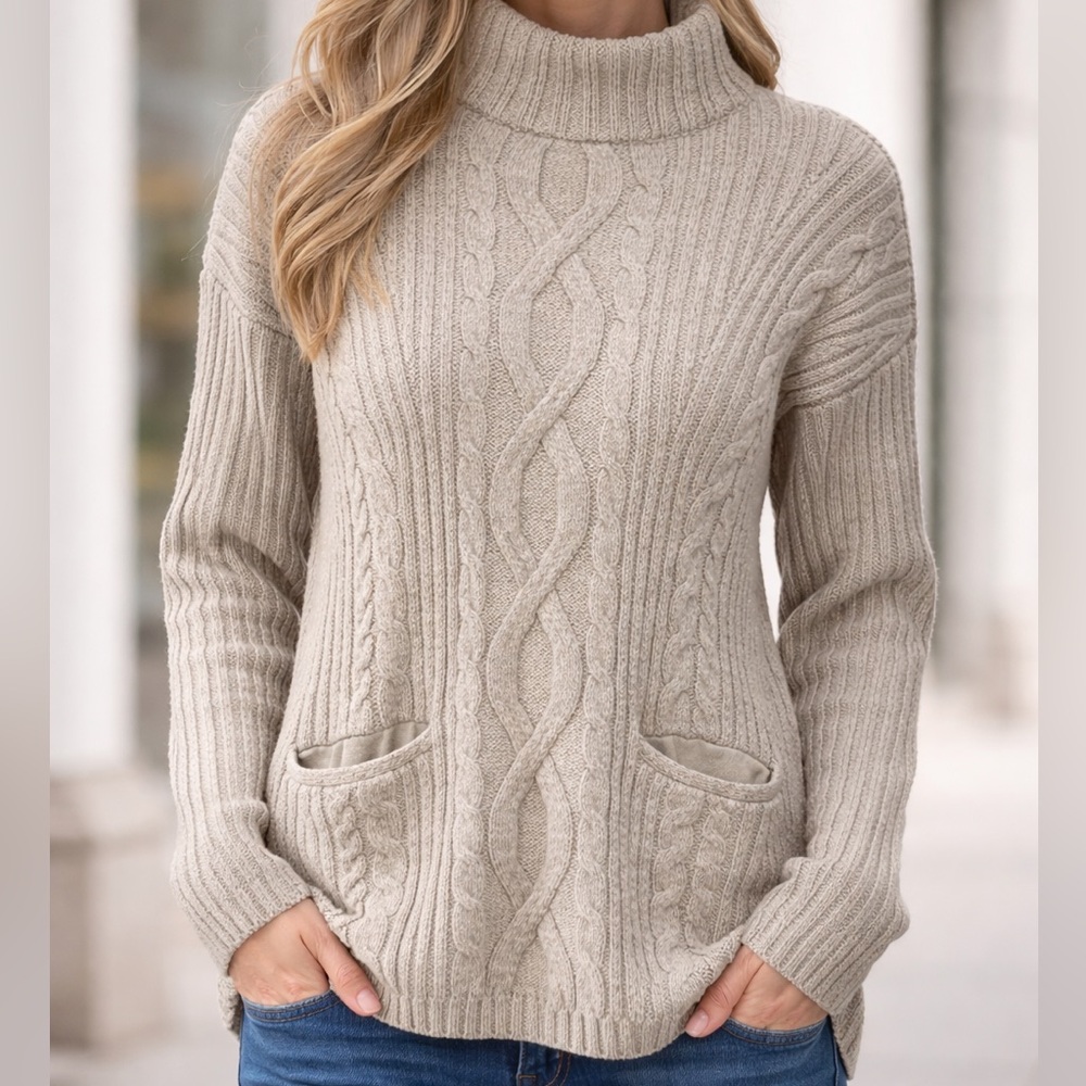 Abercrombie & Fitch Beige Cable Knit Oversized Turtleneck Sweater